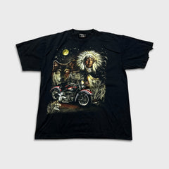 Vintage Y2K Native T Shirt Mens XL Black Motorcycle Wolf Graphic Nature Tee