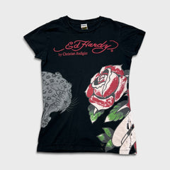 Vintage Y2K Ed Hardy Christian Audigier T Shirt Womens Small Black Faded Floral Graphic Top
