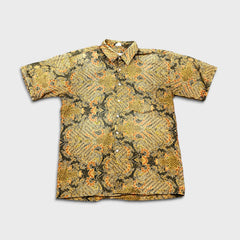Vintage 90s Anchor Blue Batik Shirt Mens Large Yellow Paisley Floral Rayon Hawaiian Button Up