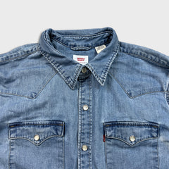 Levi's Denim Shirt Mens Medium Blue Light Wash Western Pearl Snap Button Up
