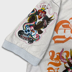 Vintage Y2K Ed Hardy Christian Audiger Polo Shirt Mens Small Grey New York USA Eagle Skull