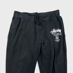 Stussy Worldwide Sweatpants Mens Large Black Faded Taper Leg Fleece Jogger
