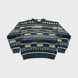 Vintage 90s Wool Knit Geometric Sweater Mens Medium Blue Italy Pullover