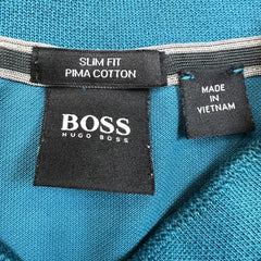 Hugo Boss Polo Shirt Mens Medium Blue Slim Fit Pima Logo Casual Pique Short Sleeve