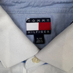 Vintage 90s Tommy Hilfiger Shirt Mens XL White Striped Casual Preppy Polo Tee