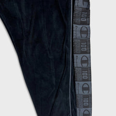 Champion Velour Pants Mens XL Black Script Taper Leg Side Tape Lounge Sweatpants