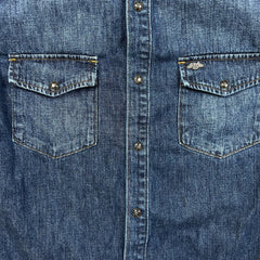 2014 Armani Exchange Denim Shirt Mens Large Blue Dark Wash Western Jean Pearl Snap