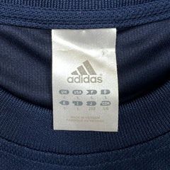 Vintage Y2K Adidas T Shirt Mens Large Blue Essentials 3 Stripes Spell Out Short Sleeve Athletic Tee