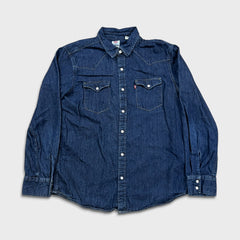 Levi's Denim Shirt Mens Large Blue Dark Wash Casual Western Jean Pearl Snap