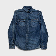 2014 Armani Exchange Denim Shirt Mens Large Blue Dark Wash Western Jean Pearl Snap