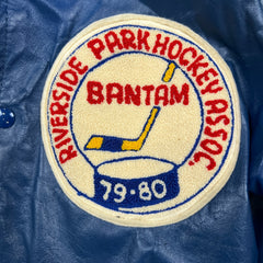 Vintage 1979 Riverside Park Hockey Leather Jacket Mens Large Blue Varsity Bomber