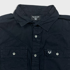 True Religion Shirt Mens Large Black Button Up Casual Preppy Cotton Short Sleeve