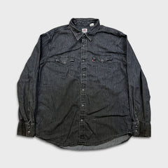 Levi's Denim Shirt Mens Large Black Dark Wash Casual Western Pearl Snap