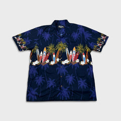 Vintage Y2K Favant Hawaiian Shirt Mens XL Blue Surfboard Tropical Vacation AOP