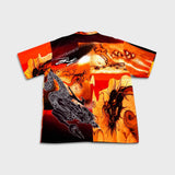 Vintage Y2K Dragon AOP Button Up Shirt Mens 2XL Orange Cyber Goth Short Sleeve