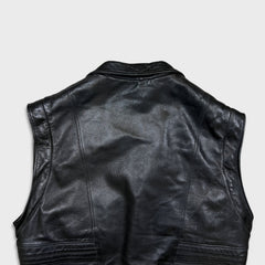 Vintage 90s French Leather Bomber Vest Mens Large Black Hot Rod Car Biker Jacket