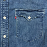 Levi's Barstow Western Denim Shirt Mens Medium Blue Dark Wash Stretch Pearl Snap
