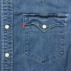 Levi's Barstow Western Denim Shirt Mens Medium Blue Dark Wash Stretch Pearl Snap