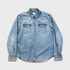 Levi's Barstow Western Denim Shirt Mens Medium Blue Light Wash Western Pearl Snap