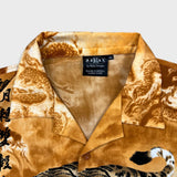 Vintage Y2K Tiger Dragon Shirt Mens 3XL Yellow Button Up All Over Print Calligraphy