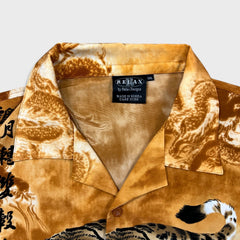 Vintage Y2K Tiger Dragon Shirt Mens 3XL Yellow Button Up All Over Print Calligraphy