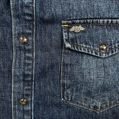 2014 Armani Exchange Denim Shirt Mens Large Blue Dark Wash Western Jean Pearl Snap