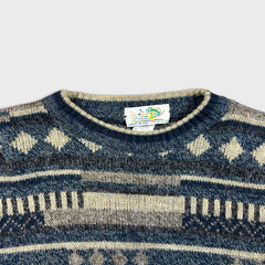 Vintage 90s Wool Knit Geometric Sweater Mens Medium Blue Italy Pullover