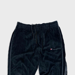 Champion Velour Pants Mens XL Black Script Taper Leg Side Tape Lounge Sweatpants