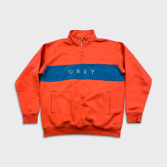 Obey Sweatshirt Mens Large Orange 1/4 Zip Spell Out Fleece Pullover