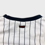 Vintage Y2K FUBU T Shirt Mens Large White Striped Spell Out Short Sleeve Tee