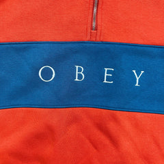 Obey Sweatshirt Mens Large Orange 1/4 Zip Spell Out Fleece Pullover