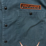 Vintage Y2K Harley Davidson Shirt Mens Large Blue USA Mechanic Button Up Biker Patch