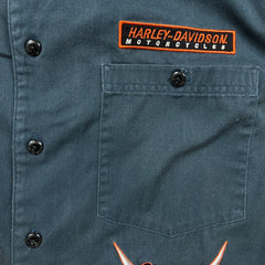 Vintage Y2K Harley Davidson Shirt Mens Large Blue USA Mechanic Button Up Biker Patch