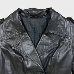 Vintage 90s JOFAMA Swedish Leather Trench Coat Women Size 6 Black Quilted Lined