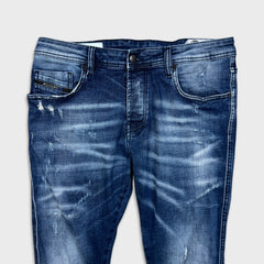 Diesel Jeans Mens 34x32 Blue Tepphar Slim Tapered Fit Medium Wash Distress Denim Pants
