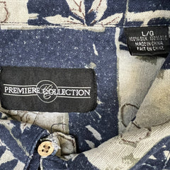 Vintage Premier Collection Silk Shirt Mens Large Blue Hawaiian 90s Loop Collar