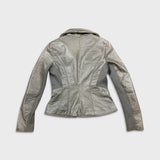 Vintage Y2K Danier Leather Jacket Womens Small Gray Silk Floral Damask Lined Bomber