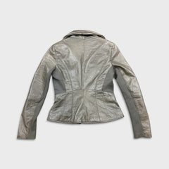 Vintage Y2K Danier Leather Jacket Womens Small Gray Silk Floral Damask Lined Bomber