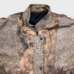 Vintage 90s Leather Jacket Mens Medium Brown Faded Aztec Geometric Print Bomber Coat