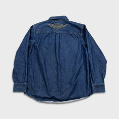 Vintage Harley Davidson Denim Shirt Mens Large Blue Dark Wash Western Button Up