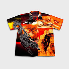 Vintage Y2K Dragon AOP Button Up Shirt Mens 2XL Orange Cyber Goth Short Sleeve