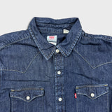 Levi's Denim Shirt Mens Large Blue Dark Wash Casual Western Jean Pearl Snap