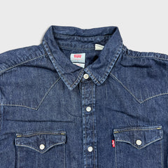 Levi's Denim Shirt Mens Large Blue Dark Wash Casual Western Jean Pearl Snap