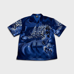 Vintage Y2K Relax Designs Dragon Shirt Mens 2XL Blue Kanji Silk Feel Button Up