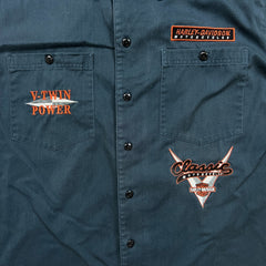 Vintage Y2K Harley Davidson Shirt Mens Large Blue USA Mechanic Button Up Biker Patch