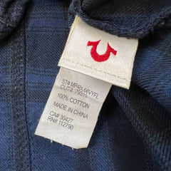 True Religion Shirt Mens Medium Blue Plaid Western Pearl Snap Long Sleeve Button Up