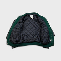 Vintage 80s  John Deere Jacket Mens Large Green Welland Works Loader Wool Leather Varsity