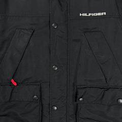 Vintage 90s Tommy Hilfiger Jacket Mens Small Black Tommy Flag Full Zip Oversized Coat