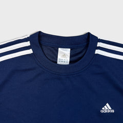 Vintage Y2K Adidas T Shirt Mens Large Blue Essentials 3 Stripes Spell Out Short Sleeve Athletic Tee