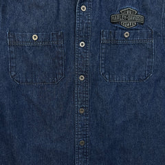Vintage Harley Davidson Denim Shirt Mens Large Blue Dark Wash Western Button Up